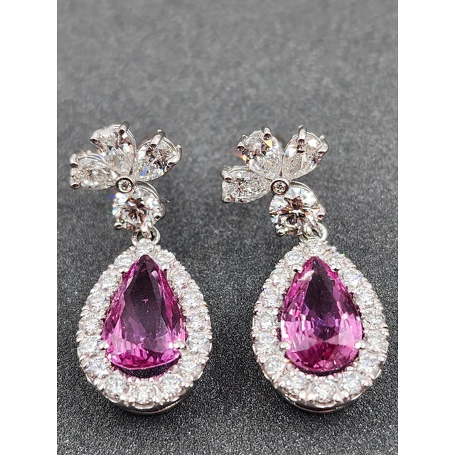 4.06 Ct Natural Pink Sapphire & Diamond Earrings, Pair For Sale - Image 4 of 8