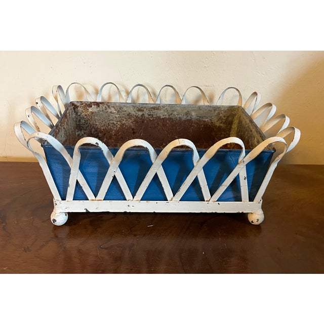 1930's White Painted Zinc Basketweave Cachepot Planter or Jardiniere With Blue Tole Liner on Ball Feet For Sale In New York - Image 6 of 14