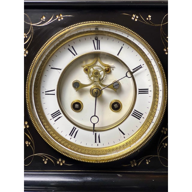 Black Antique French Belgian Black Slate Mantle Clock With Open Escapement and Malachite Inlay For Sale - Image 8 of 15