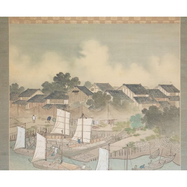 XXL "Fishing Village" by Yoshika, Taisho Japanese Silk Scroll Painting, in Original Wooden Case For Sale In Dallas - Image 6 of 18