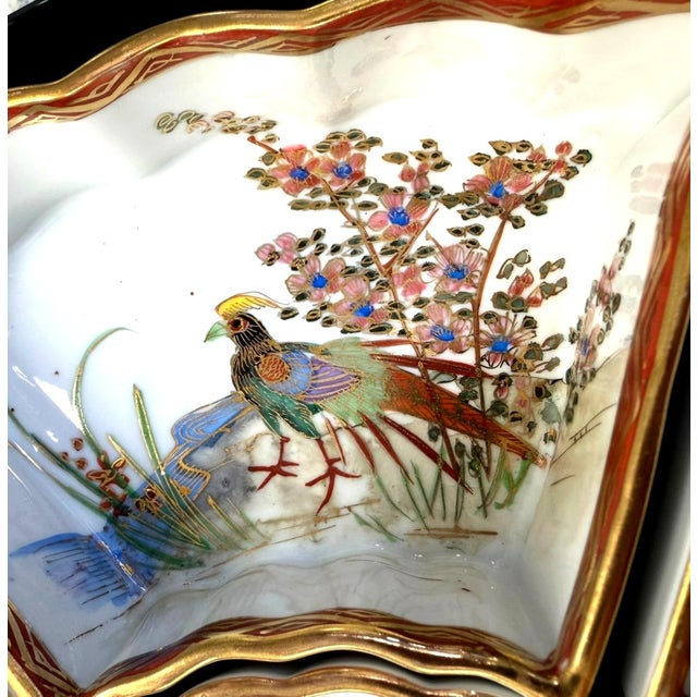Vintage Japanese Porcelain 7-Pc Lazy Susan Sweet Meat Set Birds Flowers Gold For Sale - Image 10 of 13