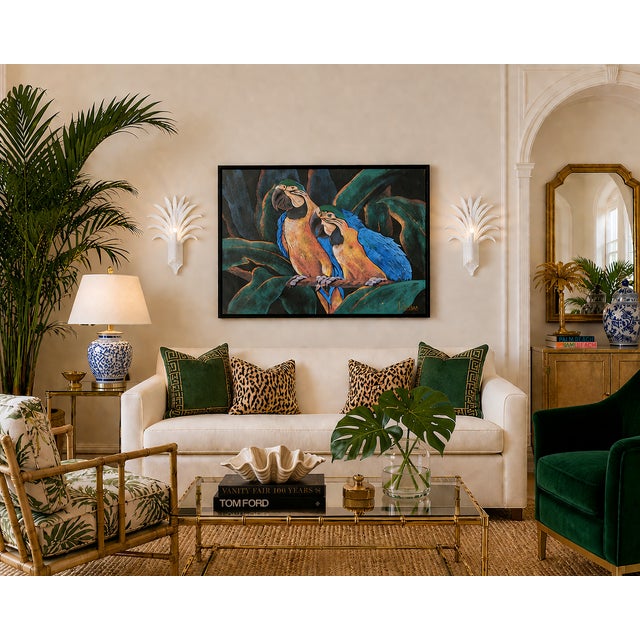 Vintage Large Scale Tropical Bird Parrot Painting on Canvas Framed and Signed by the Artist, Lee Reynolds 40"H x 50"W The...