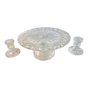 1970s Lead Crystal Candlesticks and Lead Crystal Pedestal Centerpiece - Set of 3