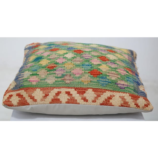 Tribal Arteverk Handwoven Afghan Kilim Pillow — Green & Red Diamond Lattice For Sale - Image 3 of 3
