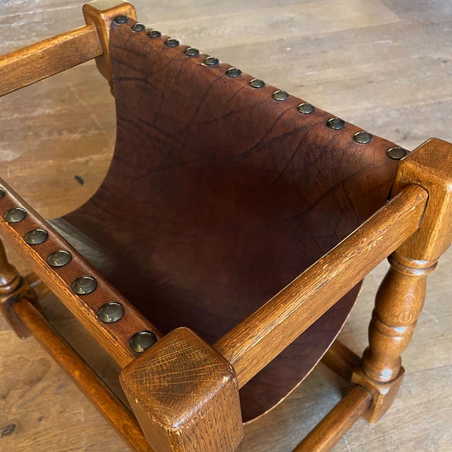 Dutch Wood Magazine Rack with Leather Sling, 1970s For Sale - Image 9 of 12
