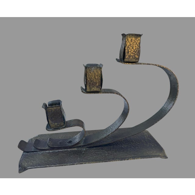 Early 20th Century Arts & Crafts Hand-Hammered Brass Three-Light Candelabras – Pair For Sale - Image 4 of 12