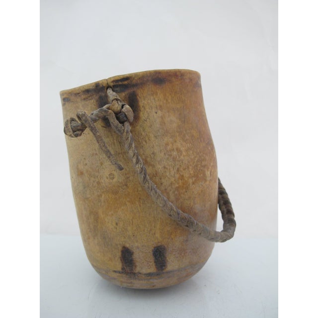 Pacific Nw Coast Native American Wood Cup Bowl Mortar With Leather Handle For Sale - Image 4 of 8
