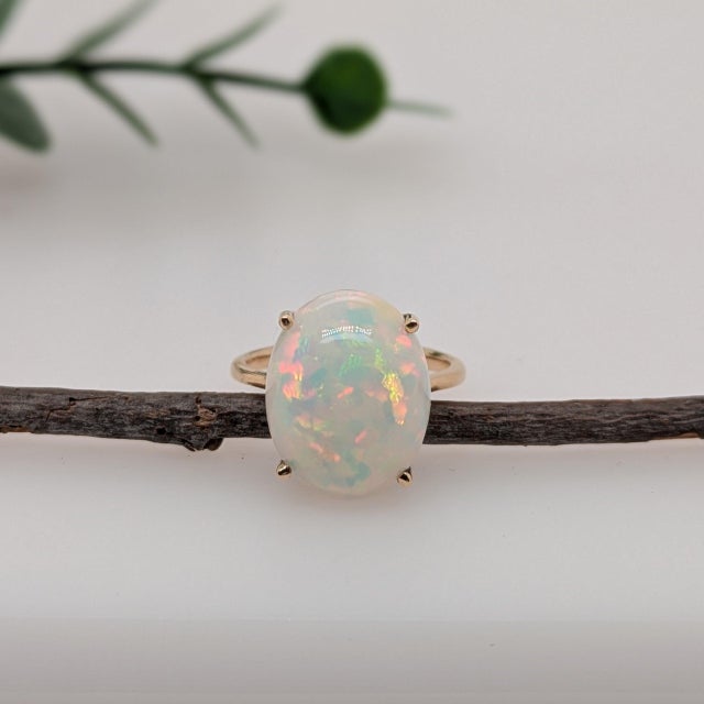 Classic Natural Opal Solitaire Ring: Solid 14k Gold, Oval 14×11mm - Fine Jewelry, Size 6.75 For Sale - Image 4 of 7