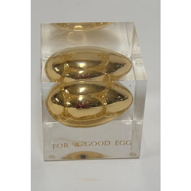 Postmodern Lucite “Golden Egg” Paperweight, “For a Good Egg,” Circa 1970s For Sale - Image 11 of 14