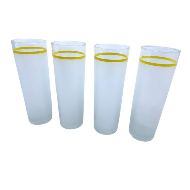 1970s Vintage Yellow Stripe Frosted Glass Tumblers- a Set of 4 For Sale In New York - Image 6 of 7