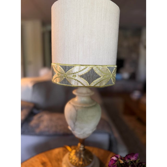 Vintage alabaster lamp with custom linen shade with trim. This lamp was found locally in Birmingham, Alabama at an estate...