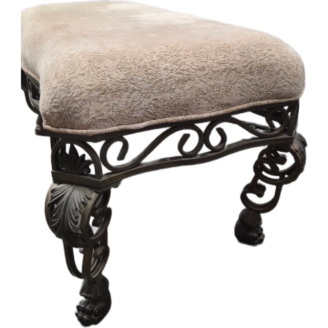A beautifully detailed 1980s vintage bench with an ornate Baroque-inspired wrought iron base and richly textured tapestry-...