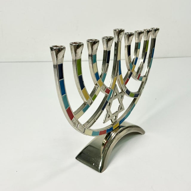 Metal 1980s Vintage Contemporary Postmodern Hollywood Regency Enamel and Chrome Menorah For Sale - Image 7 of 13