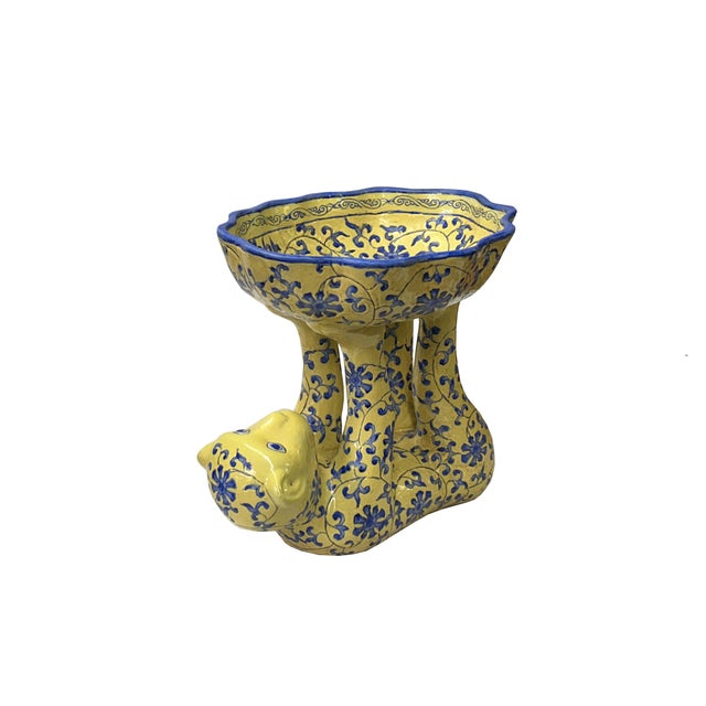 Vintage Oriental Yellow Base Color Blue Flower Monkey Holding Bowl Figure For Sale - Image 4 of 7