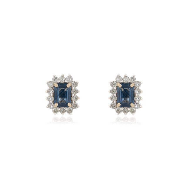 1.3ct Blue Sapphire Diamond Halo Art Deco Stud Earrings in 14k Yellow Gold- A Pair For Sale - Image 4 of 13