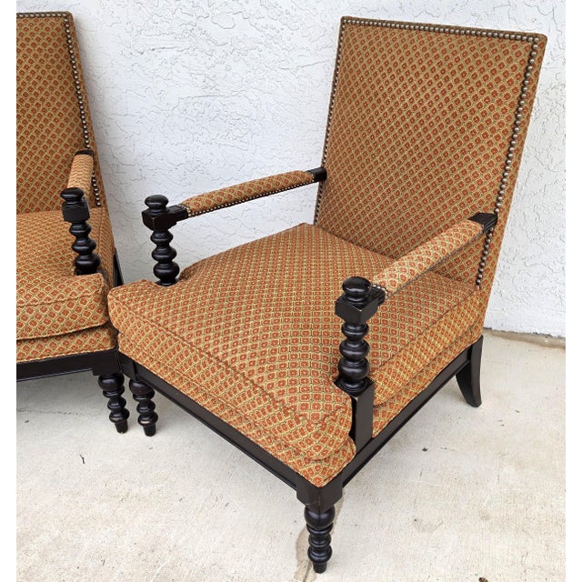 Burnt Orange Jacobean Louis XIII Style Bobbin Turned Lounge Armchairs Ebonized Nailhead Pair For Sale - Image 8 of 15