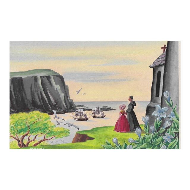 1950s Padre and Lady Watching Ships Mid Century Painting For Sale