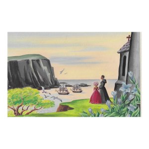 1950s Padre and Lady Watching Ships Mid Century Painting