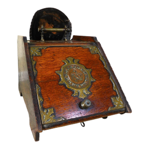 Antique 19th C Rolling Wood & Brass Figural Fireplace Scuttle Box Coal Bucket W/ Liner & Scoop