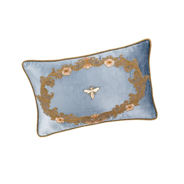 Contemporary Venice Blue Silk Velvet Embroidered Throw Pillow Cover, 12 X 20 For Sale - Image 3 of 8