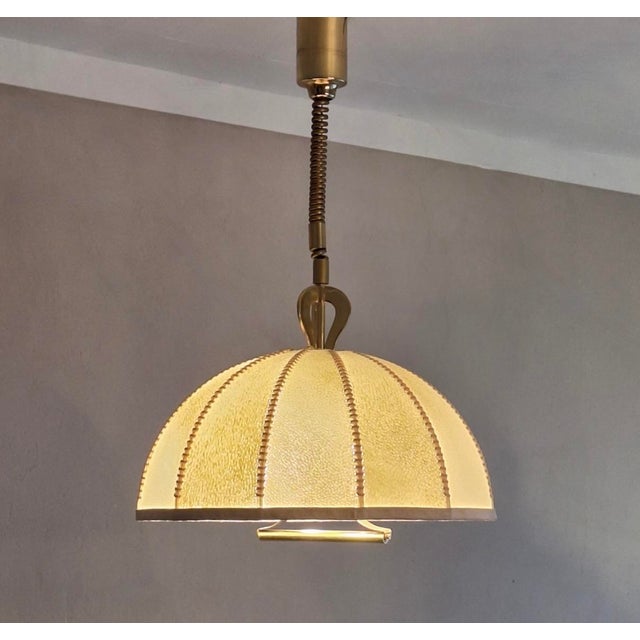 Metal Large Leather, Vellum and Brass Cocoon Chandelier, Italy, 1950s For Sale - Image 7 of 9