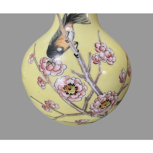 Victorian Antique Gilt Floral & Bird Decorated Hand Painted Art Glass 14" Vase For Sale - Image 3 of 6