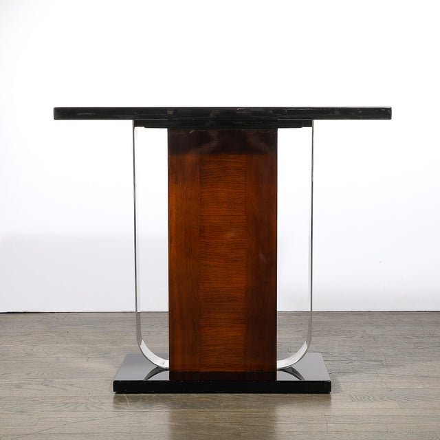 Art Deco Art Deco Machine Age Console Table in Walnut, Lacquer & Banded Nickeled Supports For Sale - Image 3 of 12