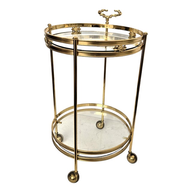 Italian Hollywood Regency Round Two-Tier Brass and Glass Bar Cart from Milo Baughman, 1970s For Sale