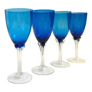 Blue Blown Glass Wine Glasses - Set of 4