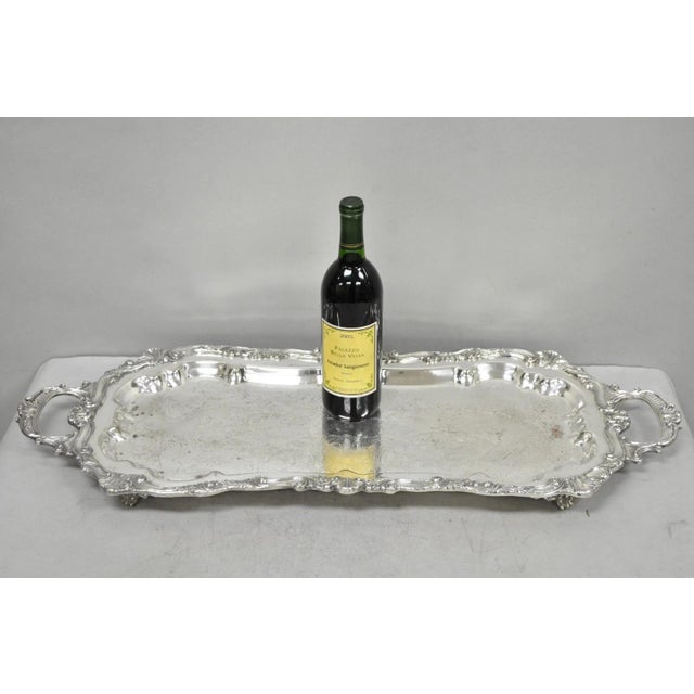 Vintage Sheffield Baroque Silver Plated Long Narrow Serving Platter Bar Tray Raised on Feet. Circa Mid 20th Century....