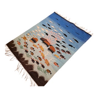 Vintage Hand-Woven Kilim Rug, Ocean Scene, Mid-Century Modern, Turkey For Sale
