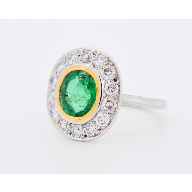 1930s Circa 1935 Halo Ring, Art Deco Era, Natural Emerald and Diamonds, French Platinum For Sale - Image 5 of 5