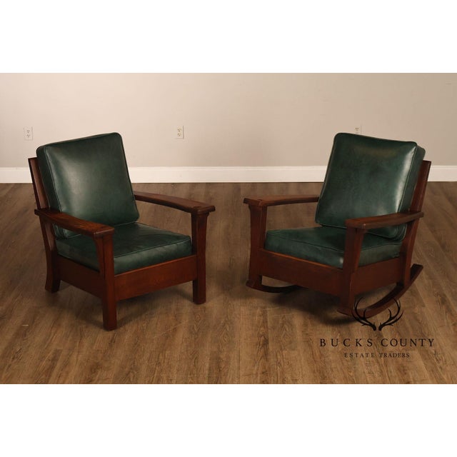 High Quality American Made Matched Pair Of Early 20th Century Limbert Arts & Crafts Seating Including One Lounge Chair And...