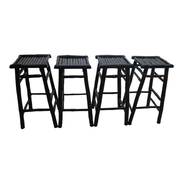 Vintage Burnt Bamboo Backless Counter Barstools- Set of 4 For Sale