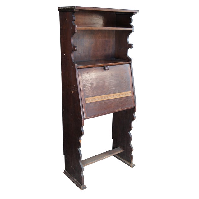 Antique Early American style secretary desk / bookcase / writing bureau / larkin / chalet . Made of oak featuring a...