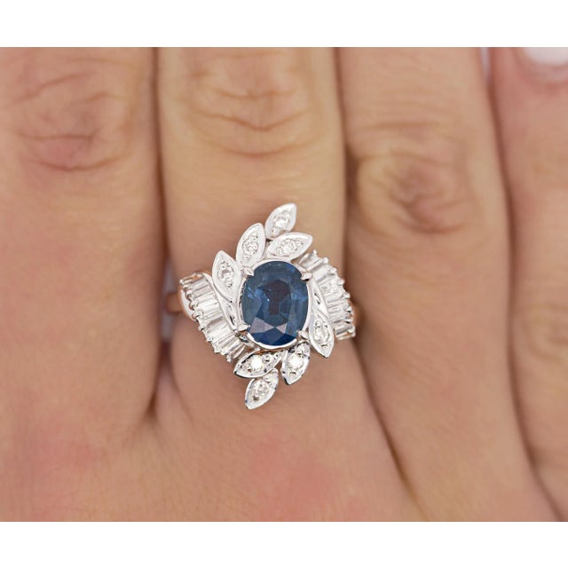 Natural 1.52 Carat Oval Blue Sapphire and Diamond Platinum Floral Ring For Sale In Miami - Image 6 of 9