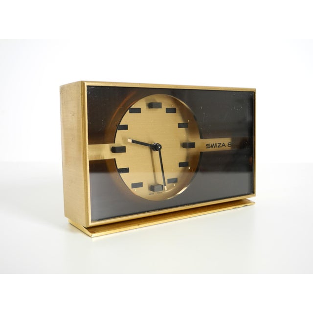Metal Small and Mechanical Swiza 8 Table Clock in Brass with an 8-Day Movement, 1960s For Sale - Image 7 of 15