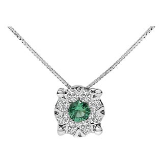 14K White Gold 3.8 MM Green Emerald and 1/3 Cttw Diamond Composite Halo 18" Pendant Necklace (F-G Color, VS2-SI1 Clarity) For Sale