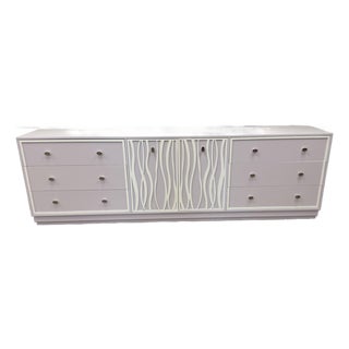 Kindel Furniture Facets 107" Credenza in Wisteria With Sea Glass Overlay For Sale