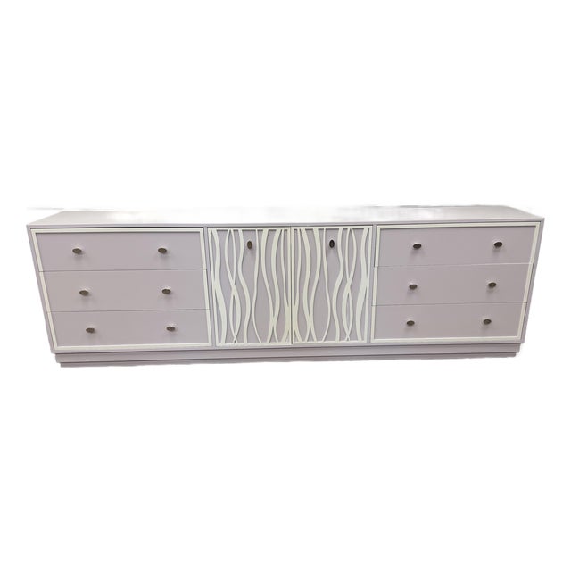 Kindel Furniture Facets 107" Credenza in Wisteria With Sea Glass Overlay For Sale