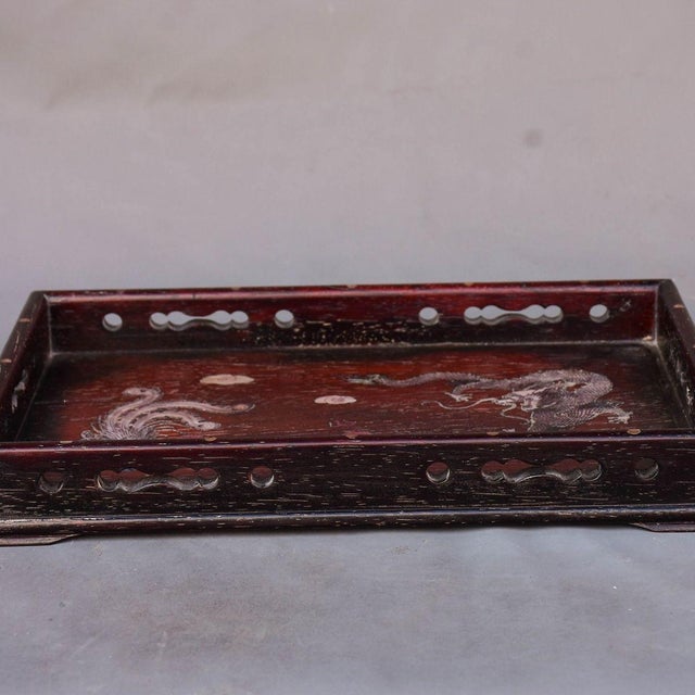 Brown Vintage Zitan Wood Tray With Mother-of-Pearl Dragon & Phoenix Inlay For Sale - Image 8 of 8