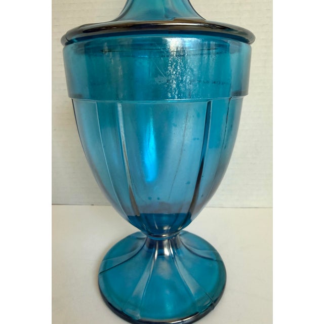 American Early 20th Century Iridescent Peacock Blue Lidded Pedestal Candy Jar, Attributed to Fenton For Sale - Image 3 of 11