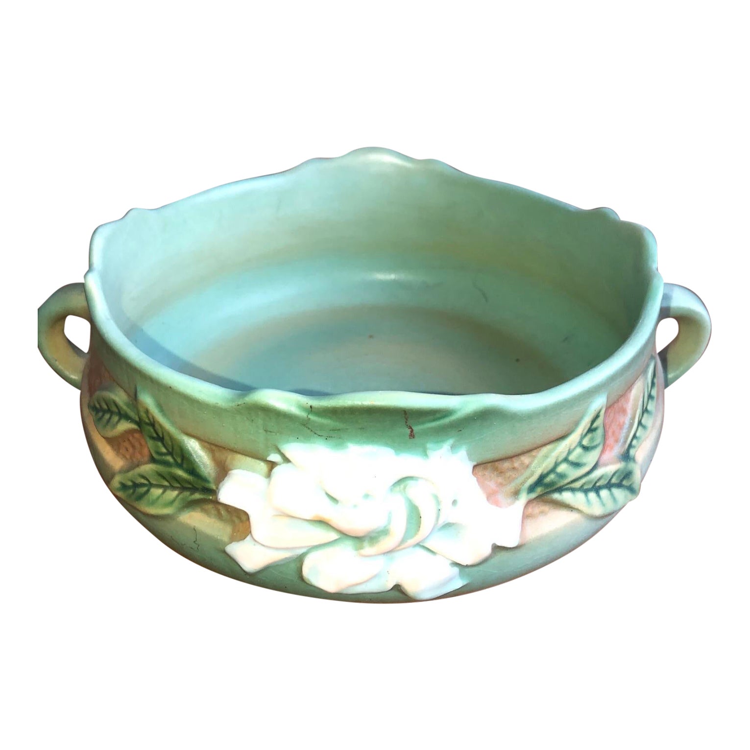 Collectible Antique Roseville Art Pottery Gardenia Green & Brown Bowl