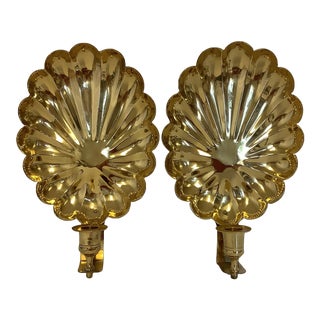 Mid Century HollyWood Regency Brass Shell Wall Candle Scone - a Pair For Sale