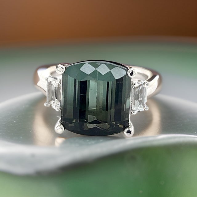 Traditional Natural Tourmaline Sapphire Ring 7 14k W Gold 8.7 TCW Certified For Sale - Image 3 of 14