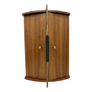 Mid-Century Teak Wood Sewing Tool Storage Box W/ Metal Handle Hinged 1950s MCM For Sale