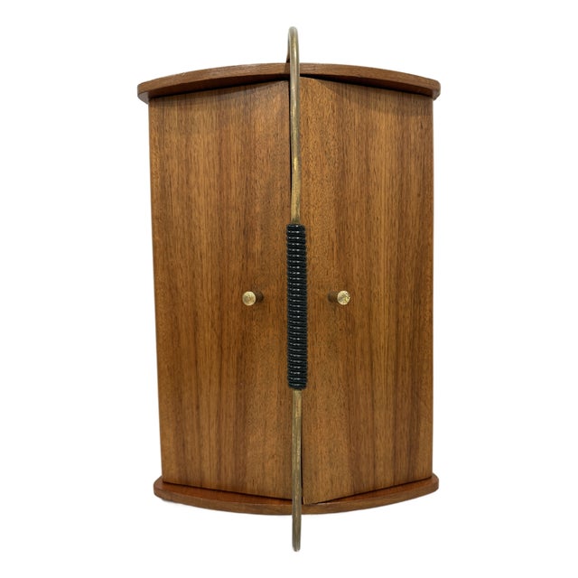 Mid-Century Teak Wood Sewing Tool Storage Box W/ Metal Handle Hinged 1950s MCM For Sale