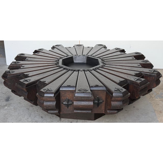 Metal Monumental 1960s Spanish Colonial Sunburst Brazier Table & Wrought Iron Mounts For Sale - Image 7 of 16