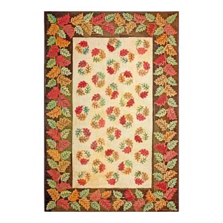 1900s Ivory Brown Foliate Antique American Hooked Rug 6' 0'' X 8' 10'' Handknotted Wool Carpet For Sale