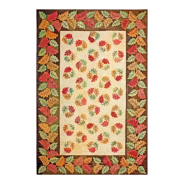 1900s Ivory Brown Foliate Antique American Hooked Rug 6' 0'' X 8' 10'' Handknotted Wool Carpet For Sale